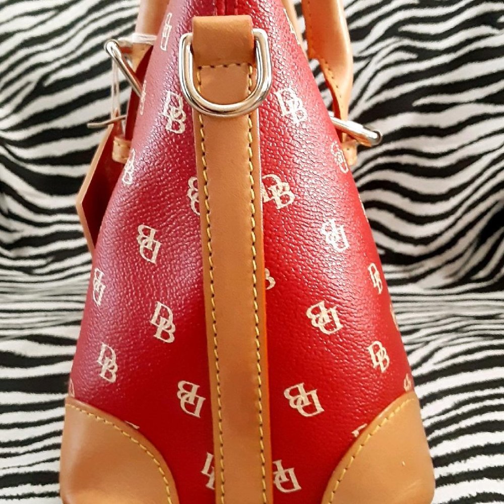Red Logo-Print Satchel with Tan Trim and Double Handles, No Strap ! - Picture 10 of 16